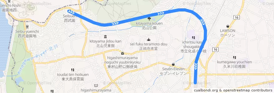 Mapa del recorrido 西武園線 de la línea  en 東村山市.