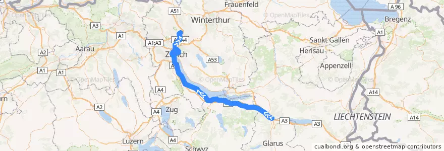 Mapa del recorrido S2: Ziegelbrücke –> Zürich Flughafen de la línea  en Svizzera.