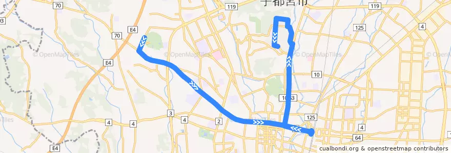 Mapa del recorrido 関東自動車バス[16] 駒生営業所⇒宇商高⇒富士見ヶ丘団地 de la línea  en Utsunomiya.