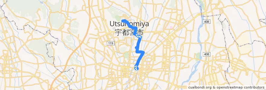 Mapa del recorrido 宇都宮駅⇒竹林⇒済生会病院⇒帝京大学 de la línea  en Utsunomiya.