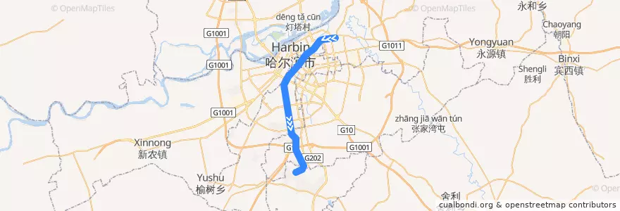 Mapa del recorrido 哈尔滨地铁1号线（南向） de la línea  en 헤이룽장성.