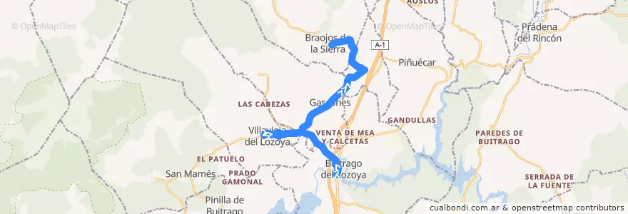 Mapa del recorrido 191A Buitrago-Braojos de la línea  en Sierra Norte.