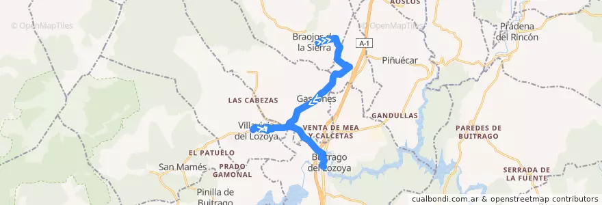 Mapa del recorrido 191A Braojos-Buitrago de la línea  en Sierra Norte.