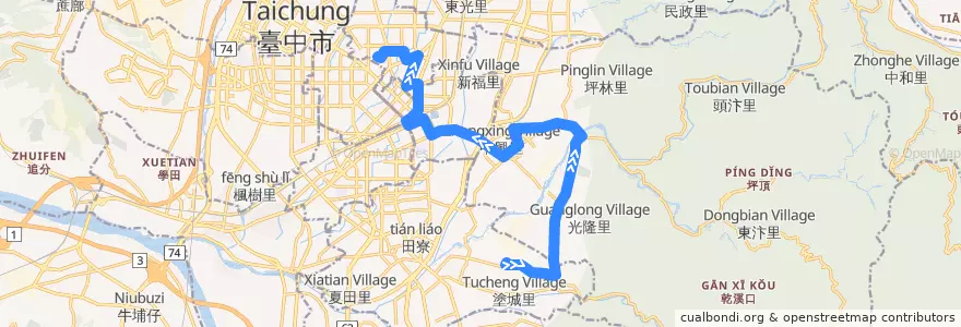Mapa del recorrido 280路 (往臺中二中_返程) de la línea  en Taichung.