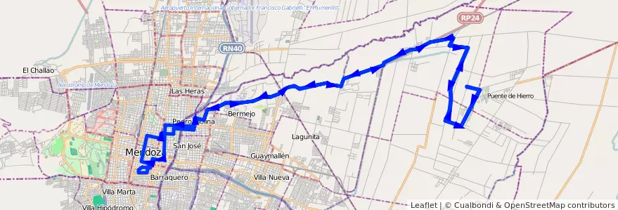 Mapa del recorrido 55 - Colonia Molina - Centro - Casa de Gob. - Colonia Molina de la línea G05 en Mendoza.