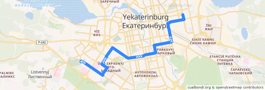Mapa del recorrido Автобус 022. Зоологическая - УрФУ de la línea  en Yekaterinburg Municipality.