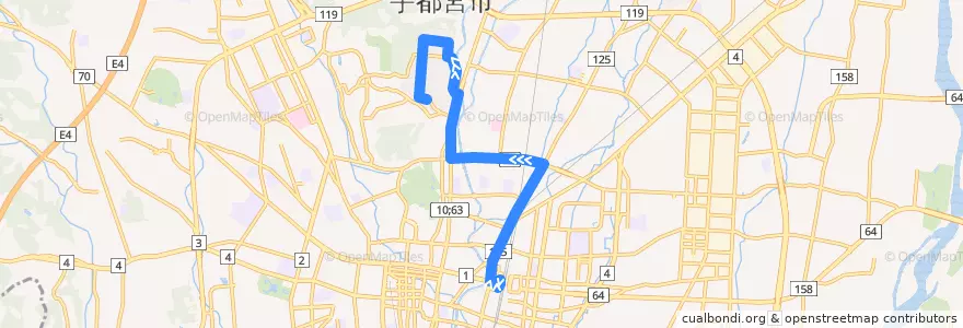 Mapa del recorrido 宇都宮駅⇒竹林⇒富士見ヶ丘団地 de la línea  en 宇都宮市.
