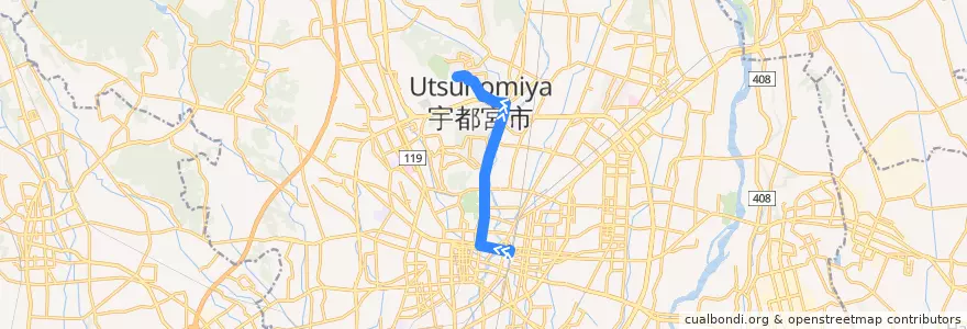 Mapa del recorrido 宇都宮駅⇒帝京大学 de la línea  en Utsunomiya.