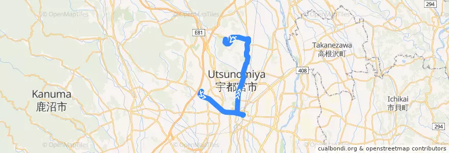 Mapa del recorrido 関東自動車バス[61] 駒生営業所⇒田原⇒宇都宮グリーンタウン de la línea  en Utsunomiya.