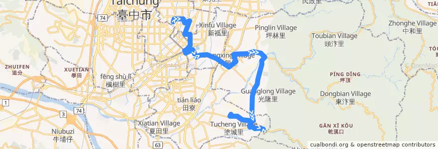 Mapa del recorrido 286路 (往崁頂_往程) de la línea  en 臺中市.