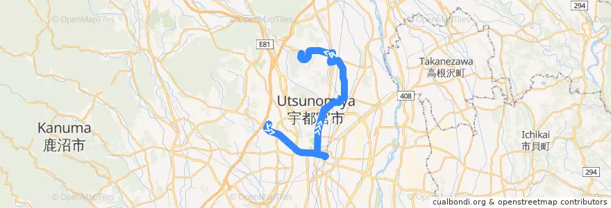 Mapa del recorrido 関東自動車バス[61] 駒生営業所⇒宝井⇒宇都宮グリーンタウン de la línea  en Utsunomiya.