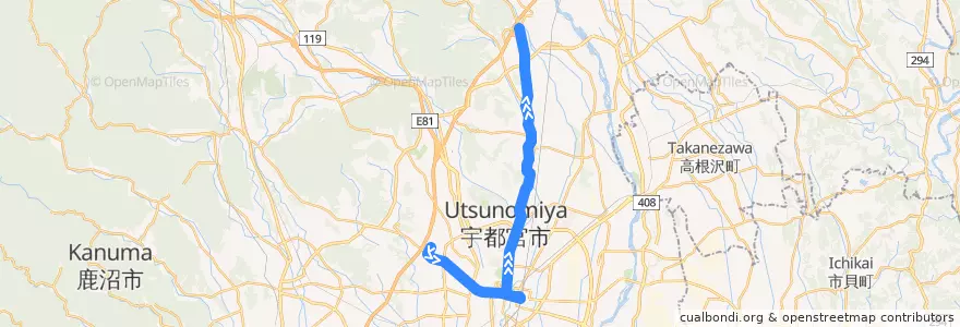 Mapa del recorrido 関東自動車バス[62] 駒生営業所⇒今里 de la línea  en Utsunomiya.