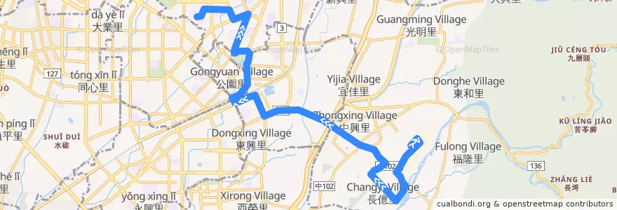 Mapa del recorrido 289路 (往臺中二中_返程) de la línea  en 臺中市.