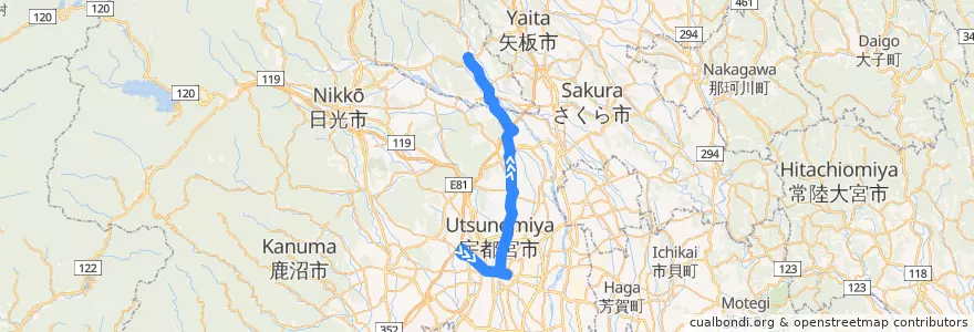 Mapa del recorrido 関東自動車バス[62] 駒生営業所⇒玉生車庫 de la línea  en 宇都宮市.