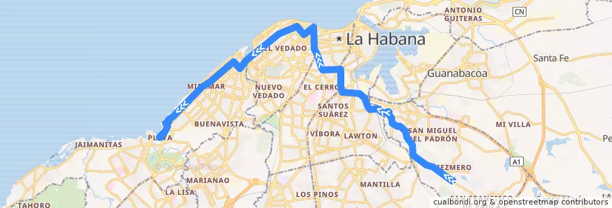 Mapa del recorrido Línea de metrobus P1 La Rosita => Playa de la línea  en Havanna.