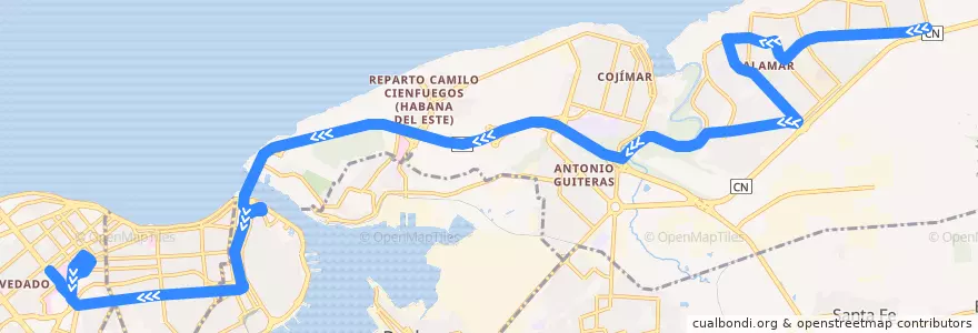 Mapa del recorrido Línea de metrobus P11 Alamar=> vedado de la línea  en Havana.