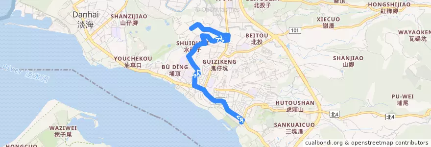 Mapa del recorrido 新北市 紅36 捷運淡水站-新春街 (返程) de la línea  en Tamsui District.