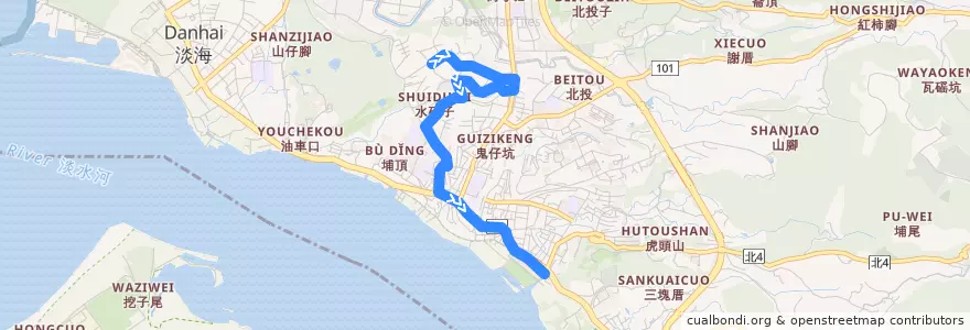 Mapa del recorrido 新北市 紅36 新春街-捷運淡水站 (往程) de la línea  en 淡水區.