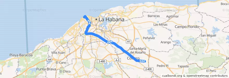 Mapa del recorrido Línea de metrobus P2 Cotorro => Vedado de la línea  en La Habana.