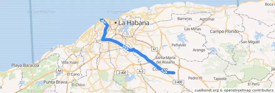 Mapa del recorrido Línea de metrobus P2 Vedado => Cotorro de la línea  en La Habana.