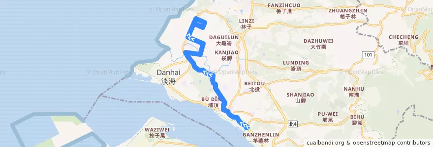 Mapa del recorrido 新北市 紅38 捷運淡水站-淡海新市鎮 (返程) de la línea  en 淡水區.