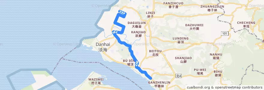 Mapa del recorrido 新北市 紅38 淡海新市鎮-捷運淡水站 (往程) de la línea  en 淡水區.