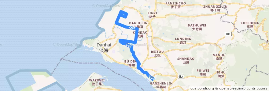 Mapa del recorrido 新北市 紅51 捷運淡水站-淡海新市鎮 (返程) de la línea  en 淡水區.