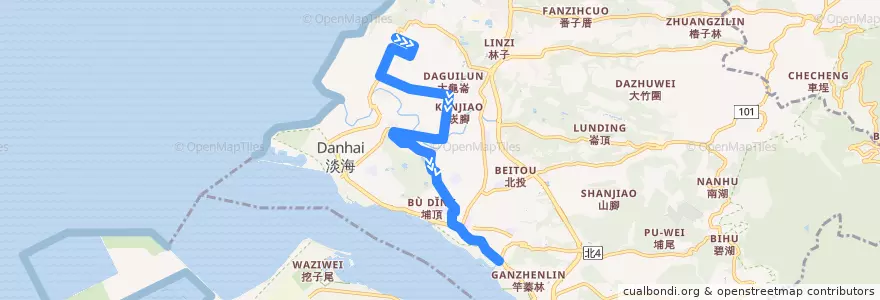 Mapa del recorrido 新北市 紅51 淡海新市鎮-捷運淡水站 (往程) de la línea  en 淡水區.
