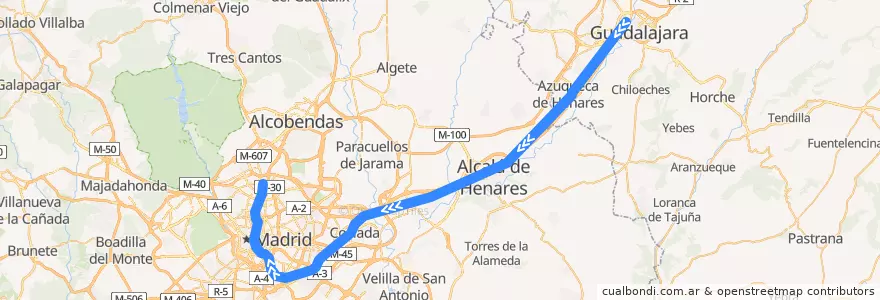 Mapa del recorrido C-2. Guadalajara → Atocha → Recoletos → Chamartín de la línea  en Испания.