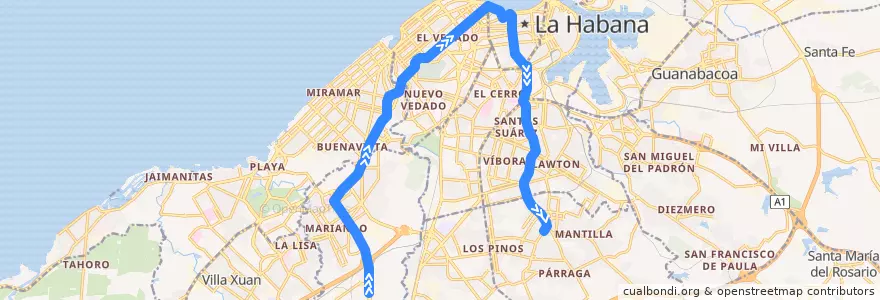 Mapa del recorrido Línea de Metrobus P9 CUJAE => Vedado => La Palma de la línea  en Havanna.