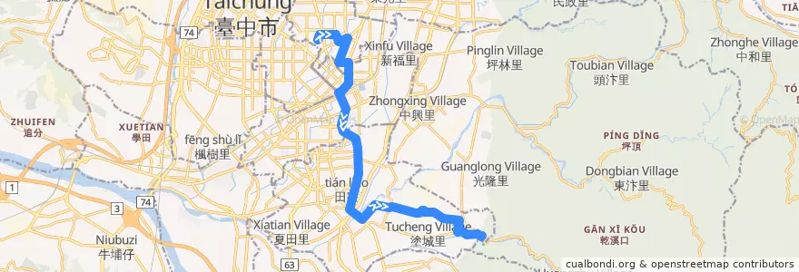 Mapa del recorrido 285路 (往崁頂_往程) de la línea  en 臺中市.