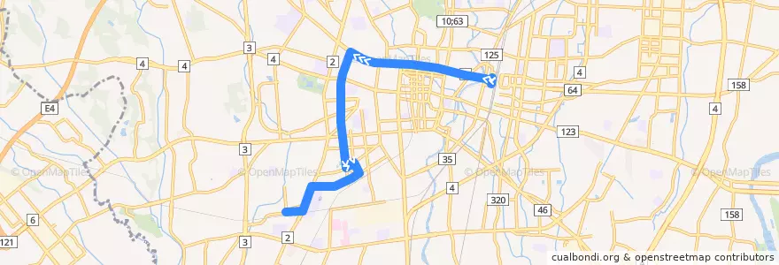 Mapa del recorrido 宇都宮駅⇒陽西通り⇒鶴田駅 de la línea  en Utsunomiya.