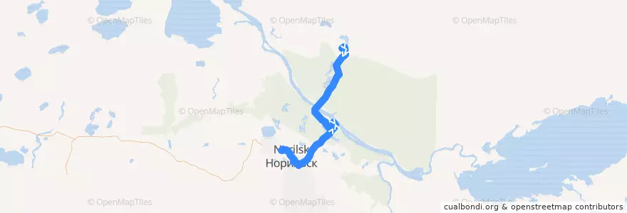 Mapa del recorrido Автобус №22: Талнах (5 мкр.) - Норильск (АДЦ) de la línea  en городской округ Норильск.