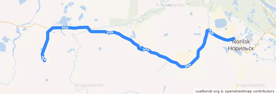 Mapa del recorrido Автобус №33: Кайеркан (ТБК) - Норильск (АДЦ) (с заездом в аэропорт Норильск) de la línea  en городской округ Норильск.