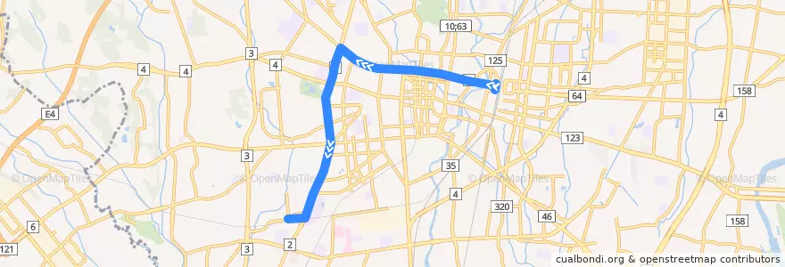 Mapa del recorrido 宇都宮駅⇒桜通り⇒鶴田駅 de la línea  en 宇都宮市.