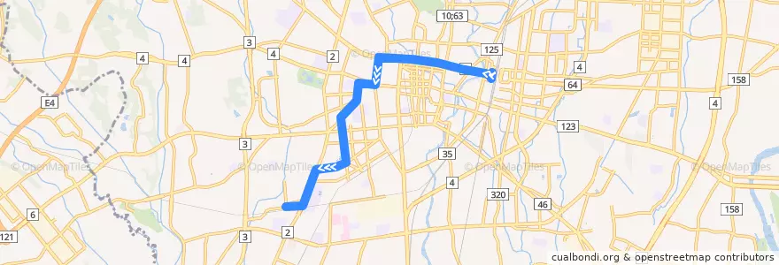 Mapa del recorrido 宇都宮駅⇒六道⇒鶴田駅 de la línea  en Utsunomiya.