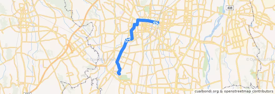 Mapa del recorrido 宇都宮駅⇒六道⇒西川田東 de la línea  en Utsunomiya.