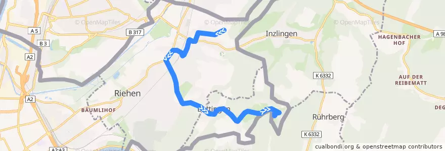 Mapa del recorrido Bus 32: Riehen Rotengraben => Bettingen Chrischonaklinik de la línea  en مدينة بازل.