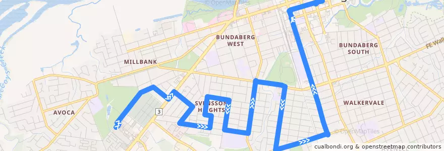 Mapa del recorrido Sugarland to City servicing Svensson Heights de la línea  en Bundaberg Region.