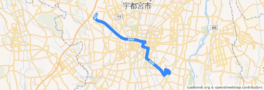 Mapa del recorrido 関東自動車バス[83] 駒生営業所⇒卸会館前 de la línea  en Utsunomiya.