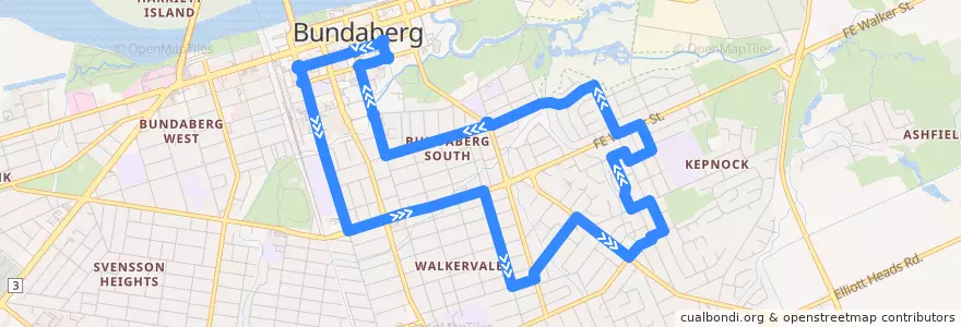 Mapa del recorrido City to Kepnock serving Bundaberg South de la línea  en Bundaberg Region.