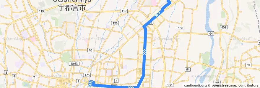 Mapa del recorrido 関東自動車バス[平出シャトル] 宇都宮駅東口⇒陽東三丁目⇒岡本駅 de la línea  en Utsunomiya.