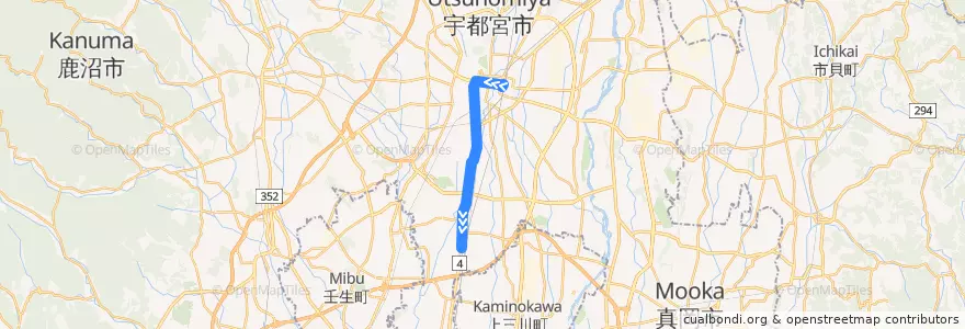 Mapa del recorrido 関東自動車バス[25] 宇都宮駅⇒雀宮陸上自衛隊 de la línea  en Utsunomiya.