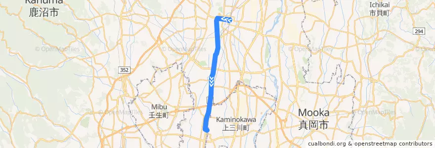 Mapa del recorrido 関東自動車バス[25] 宇都宮駅⇒石橋駅 de la línea  en 도치기현.