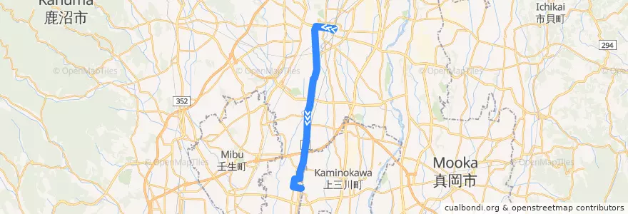 Mapa del recorrido 関東自動車バス[25] 宇都宮駅⇒石橋高校⇒石橋駅 de la línea  en 栃木県.