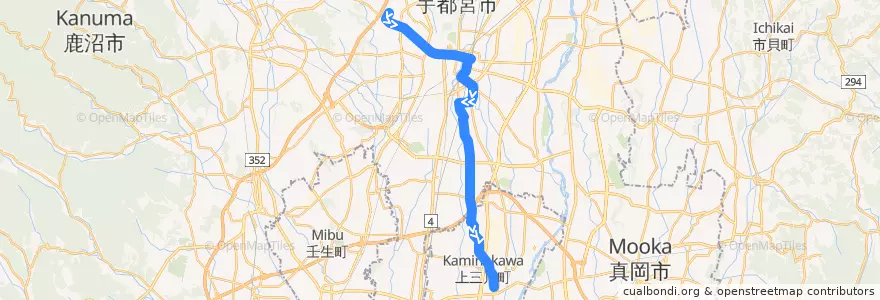 Mapa del recorrido 関東自動車バス[85] 駒生営業所⇒屋板⇒上三川車庫 de la línea  en 도치기현.