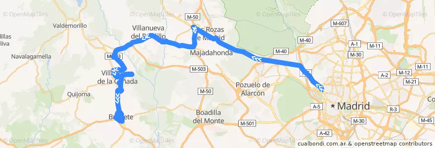Mapa del recorrido Bus 627 por Villanueva del Pardillo: Moncloa → Villanueva de la Cañada → Brunete de la línea  en منطقة مدريد.