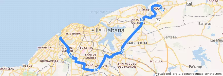Mapa del recorrido Línea de metrobus P3 Alamar => Túnel de Línea de la línea  en L'Avana.