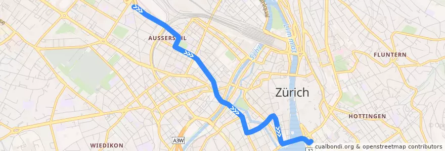 Mapa del recorrido Tram 8: Hardplatz —> Bellevue de la línea  en Zürich.