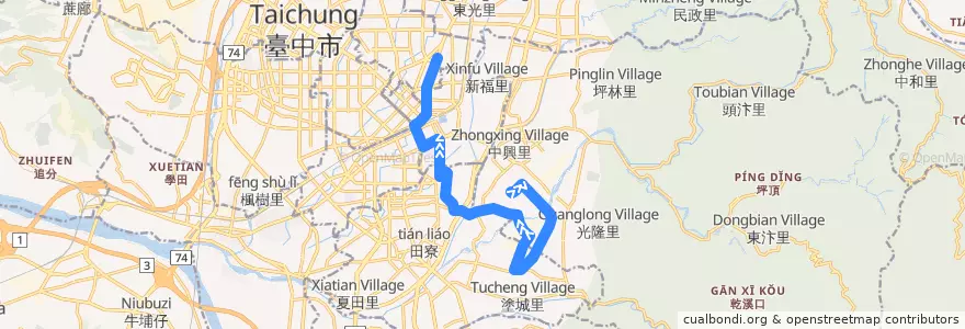 Mapa del recorrido 7路 (往臺中一中_返程) de la línea  en Taichung.